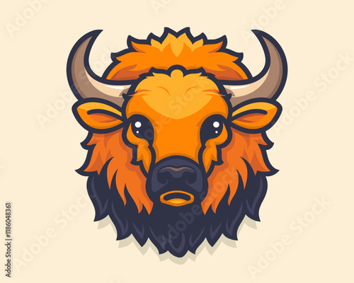 Cartoon buffalo with a big orange horn on its head. The buffalo has a big smile on its face