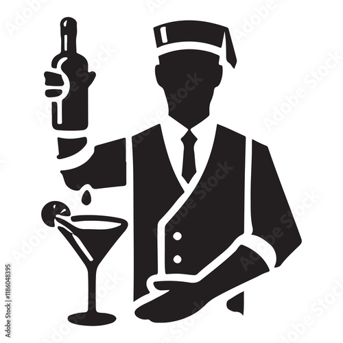 Bartender Silhouette Vector Illustration, Solid White Background.