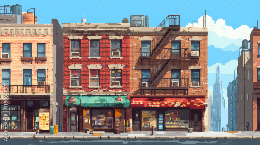 Fototapeta premium Old brick house with fire escape and shop on city street. Residential building with ladder outside, apartments and store showcase. Vector cartoon town landscape with retro house facade