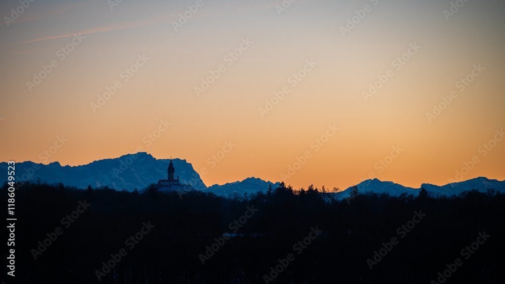 Obraz premium Monastery Andechs and Bavarian Alps with Zugspitze, highest mountain in Germany