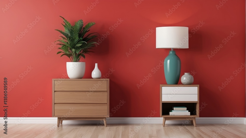 Obraz premium Living room interior with chest of drawers, plant in vase and lamp on empty Bright Red wall