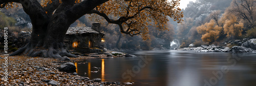 Autumnal Stone Cottage Nestled by River, Illuminated by Warm Light, Underneath Ancient Tree photo