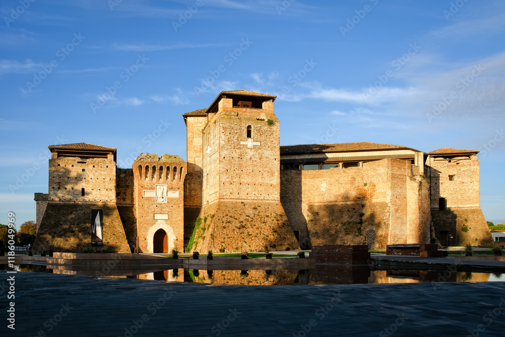 Morning view to castle Sismondo in Rimini, Italy. Part of Fellini Museum. Copy space in sky.
