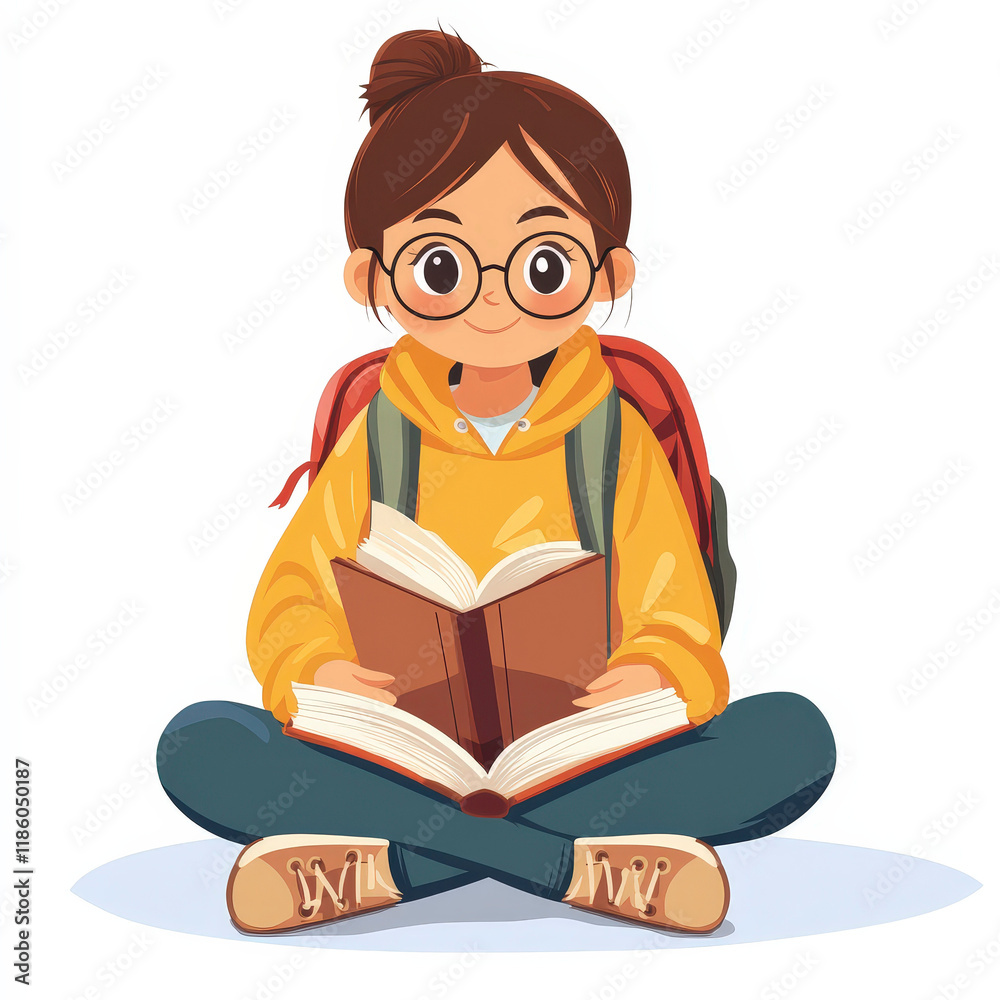 Young Girl Reading Book with Backpack and Glasses in Cozy Setting Young Girl Reading Book with Backpack and Glasses in Cozy Setting
