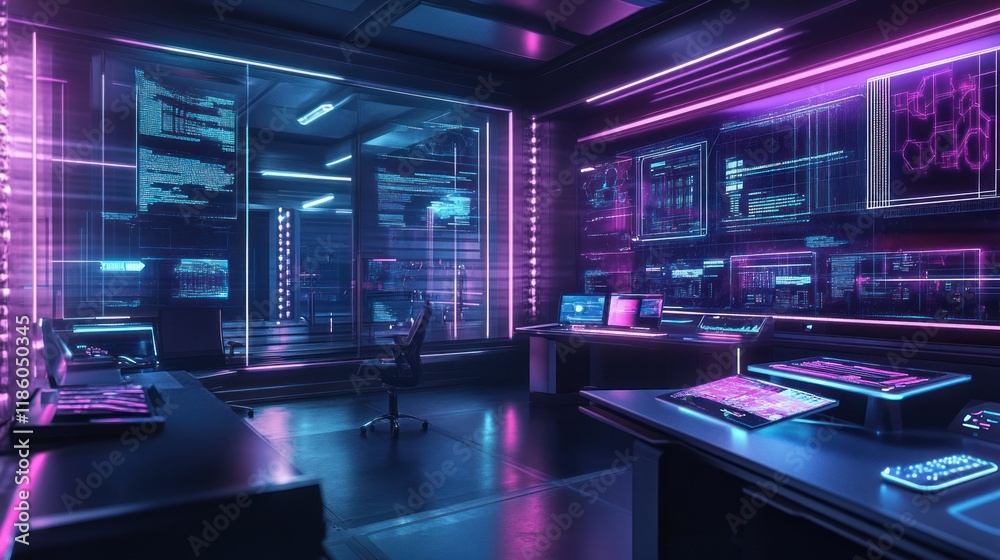 Futuristic server room with glowing screens and data. Futuristic server room with glowing screens and data.