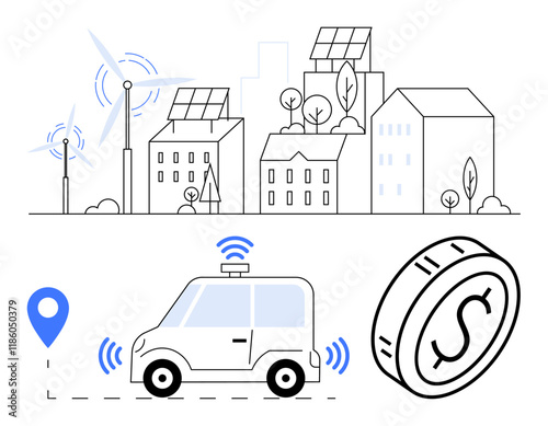 Smart city skyline featuring solar panels, wind turbines, and sustainable buildings. Below, an autonomous car with GPS navigation and a coin icon representing digital currency. Ideal