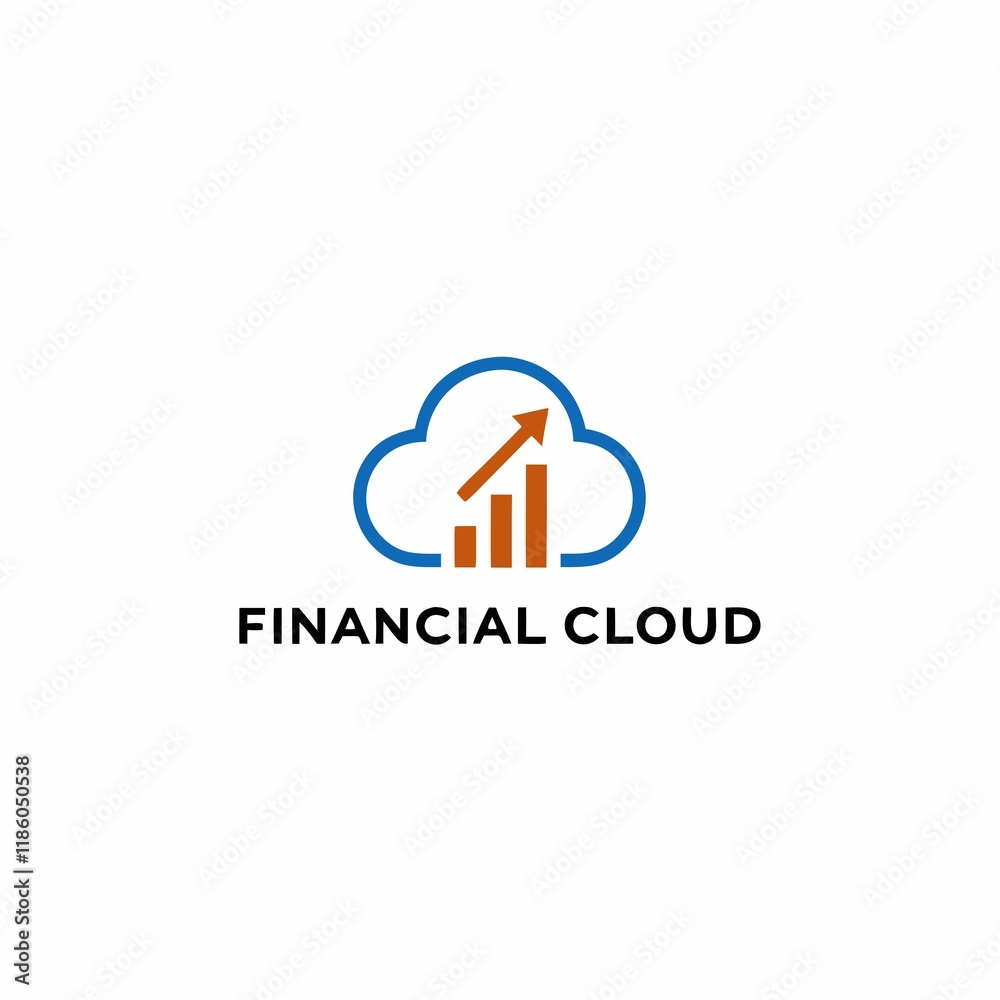 Blue cloud icon with orange upward arrow and bar graph, representing financial growth and cloud computing Blue cloud icon with orange upward arrow and bar graph, representing financial growth and cloud computing