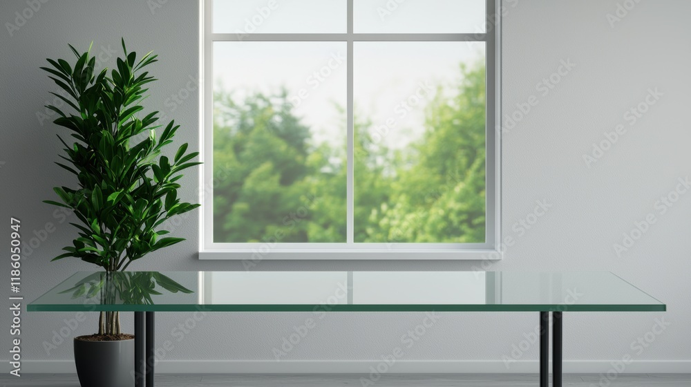 Fototapeta premium Empty glass table in modern office with natural light and plant
