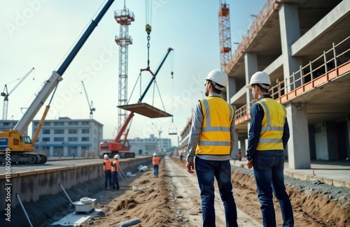Two engineers check construction site progress. Observe crane operation, building structure. Building under development. Construction project in urban area. Workers visible nearby. Heavy machinery