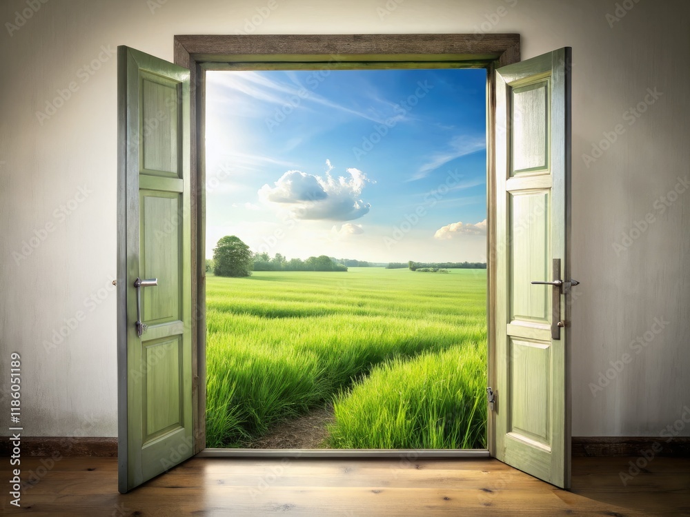 Fototapeta premium Rustic doorway opens to a vibrant green field, isolated on a white background; PNG.