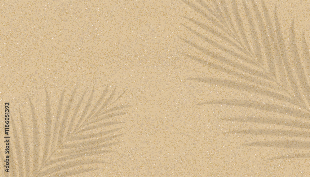 Shadow palm leaf on sand texture for summer background,Top view Beige beach sand with silhouette branches tropical tree leaf,Brown desert sandy texture pattern with nature shadow, light,Ground sandy