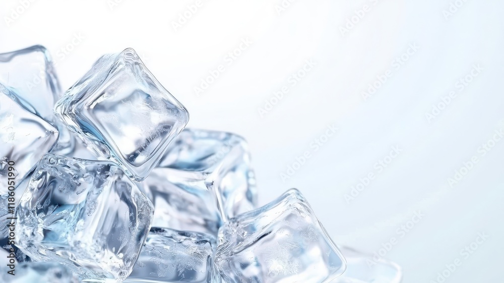 Ice cubes frozen minimal on white background. A close-up of crystal-clear ice cubes stacked against a light background, showcasing their transparency and texture. Ice cubes frozen minimal on white background. A close-up of crystal-clear ice cubes stacked against a light background, showcasing their transparency and texture.