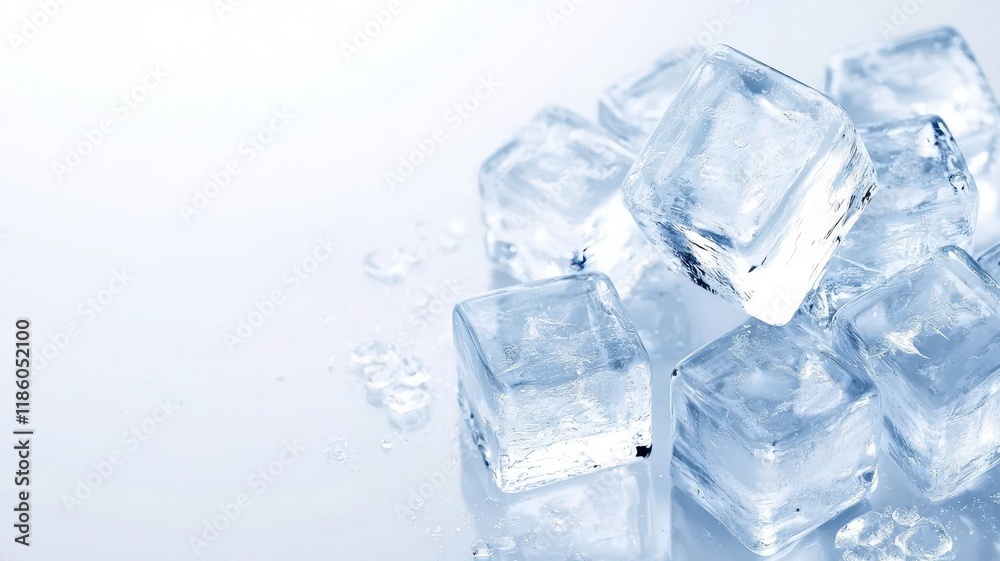 Ice cubes frozen minimal on white background. A close-up view of clear ice cubes on a smooth surface, reflecting light and surrounded by small droplets of water. Ice cubes frozen minimal on white background. A close-up view of clear ice cubes on a smooth surface, reflecting light and surrounded by small droplets of water.