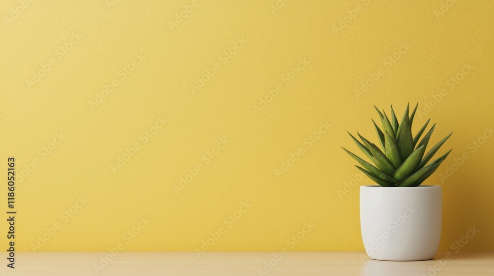 Empty Table with Plant Creates Serene Workspace Against Yellow Wall Empty Table with Plant Creates Serene Workspace Against Yellow Wall
