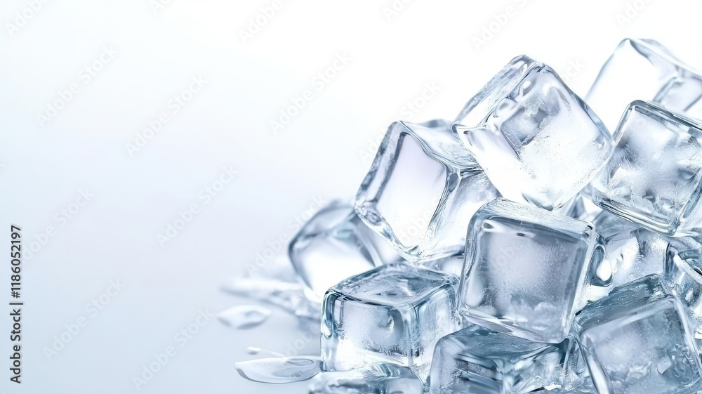 Ice cubes frozen minimal on white background. A close-up of clear ice cubes stacked together, reflecting light, creating a refreshing and cool aesthetic against a soft background. Ice cubes frozen minimal on white background. A close-up of clear ice cubes stacked together, reflecting light, creating a refreshing and cool aesthetic against a soft background.