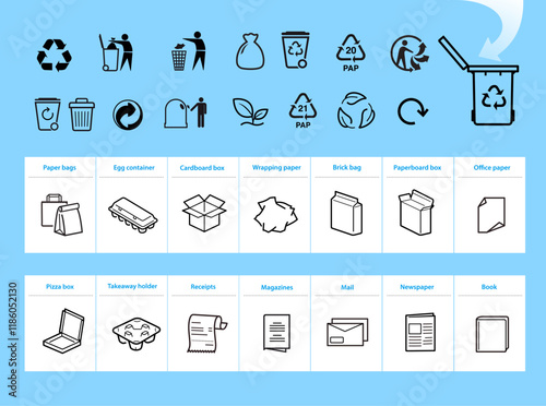 Ready sets of icons for separating paper waste. Vector elements are made with high contrast, well suited to different scales and on different media. Ready for use in your design. EPS10.