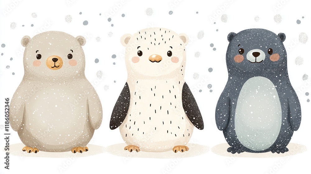 Fototapeta premium Cute cartoon bears in a snowy setting.