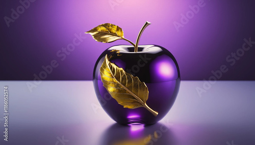 Pièce conceptuelle d'une pomme en verre ultra-réfléchissante, brillante de teintes violettes et jaunes avec une tige dorée. photo