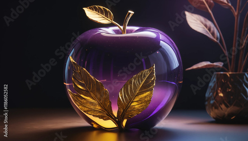 Pièce conceptuelle d'une pomme en verre ultra-réfléchissante, brillante de teintes violettes et jaunes avec une tige dorée. photo