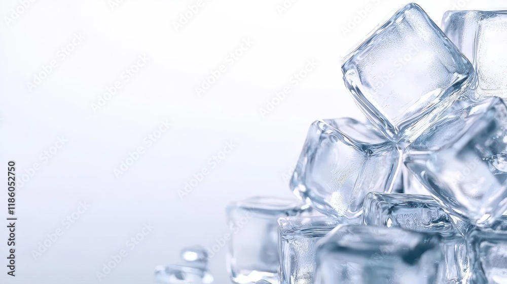 Ice cubes frozen minimal on white background. A close-up of clear ice cubes stacked on each other, creating a refreshing and cool aesthetic against a light background. Ice cubes frozen minimal on white background. A close-up of clear ice cubes stacked on each other, creating a refreshing and cool aesthetic against a light background.