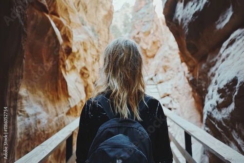 A ponytailed man wearing a red jacket and a backpack is observing the scenery photo