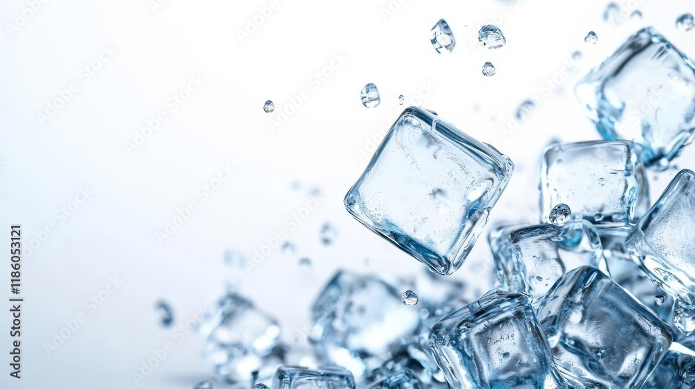 Ice cubes frozen minimal on white background. A close-up view of ice cubes splashing in water, capturing the clarity and refreshing nature of frozen water with droplets. Ice cubes frozen minimal on white background. A close-up view of ice cubes splashing in water, capturing the clarity and refreshing nature of frozen water with droplets.