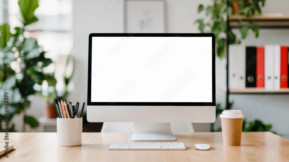 Desktop computer with blank screen showing bright office space with plants