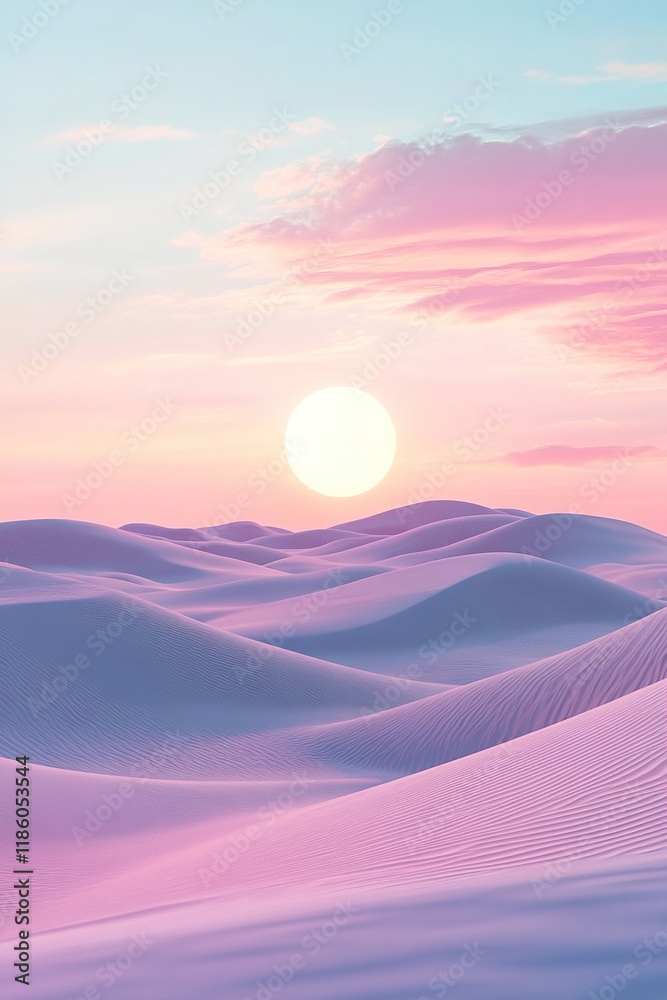 Fototapeta premium Surreal futuristic desert landscape with metallic sand dunes and glowing sky reflecting pink and blue hues at dusk