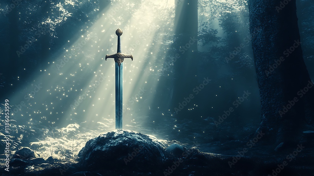 Naklejka premium Sword in the forest with rays of light