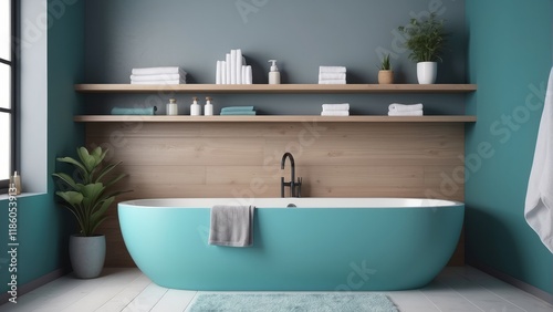 Bathroom interior concept, Brights on wooden shelf and Cool Gray bathtub with Turquoise wall photo