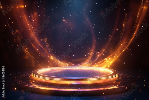 Abstract round podium illuminated by neon lights