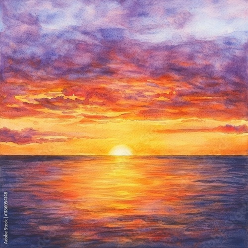 Vibrant Watercolor Sunset over Tranquil Ocean
