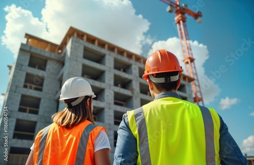 Two construction workers assess building progress on city construction site. Workers evaluate project. Team collaboration on building project visible. Outdoor urban setting. Modern building under