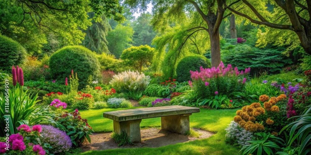 A lush green corner of a garden with a large stone bench, surrounded by tall trees and vibrant flowers , nature A lush green corner of a garden with a large stone bench, surrounded by tall trees and vibrant flowers , nature