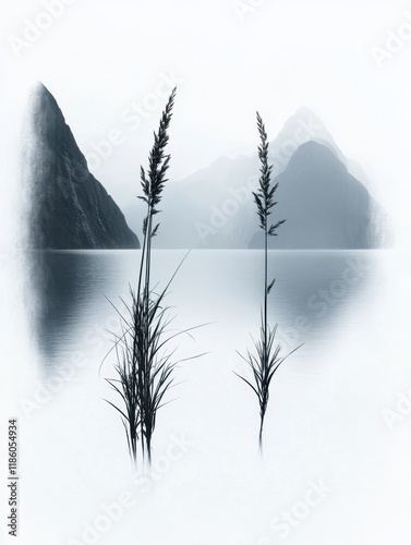 Misty lake with mountains reeds reflection