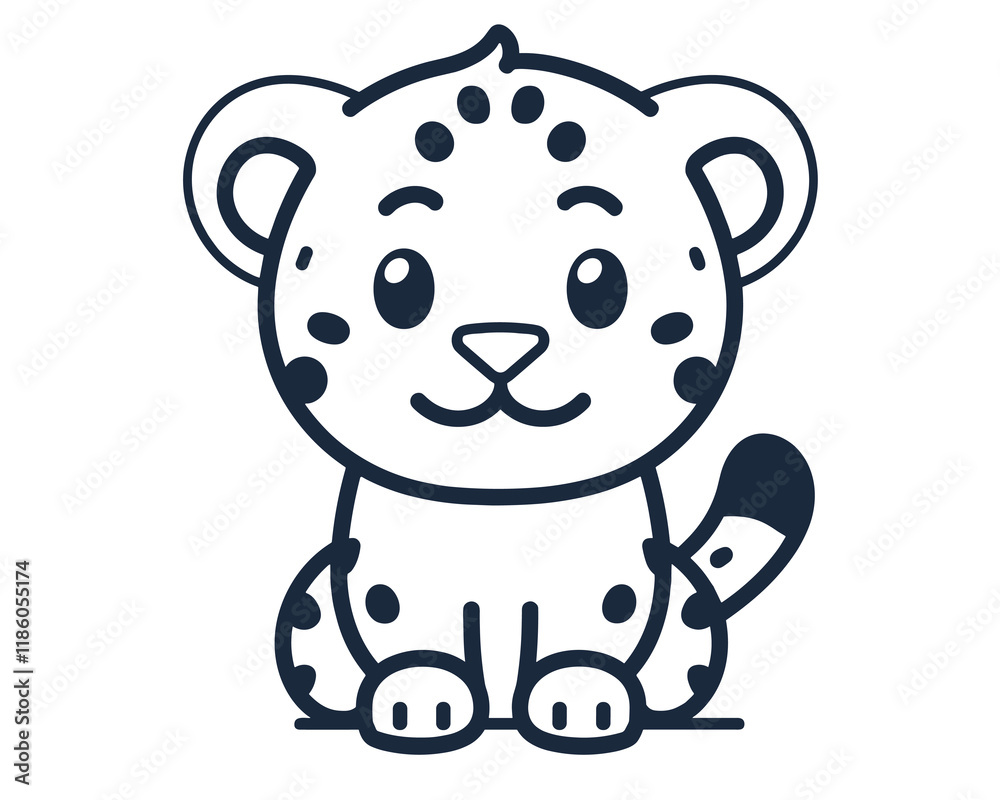 Obraz premium Cartoon leopard with a smile on its face. The leopard is sitting on a white background. The leopard is cute and friendly
