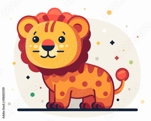 Cartoon lion with a smile on its face stands in front of a white background. The lion is wearing a red and yellow striped mane and has a pink nose. The image has a playful and cheerful mood