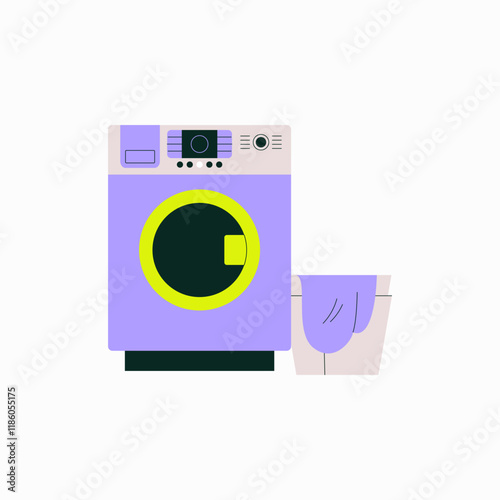 Washing Machine With Laundry Basket In Flat Vector Illustration Symbolizing Housework, Laundry Day, And Cleaning, Isolated On White Background