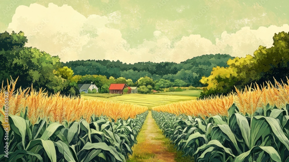 Rustic farm scene with cornfield path leading to houses and forest. Rustic farm scene with cornfield path leading to houses and forest.
