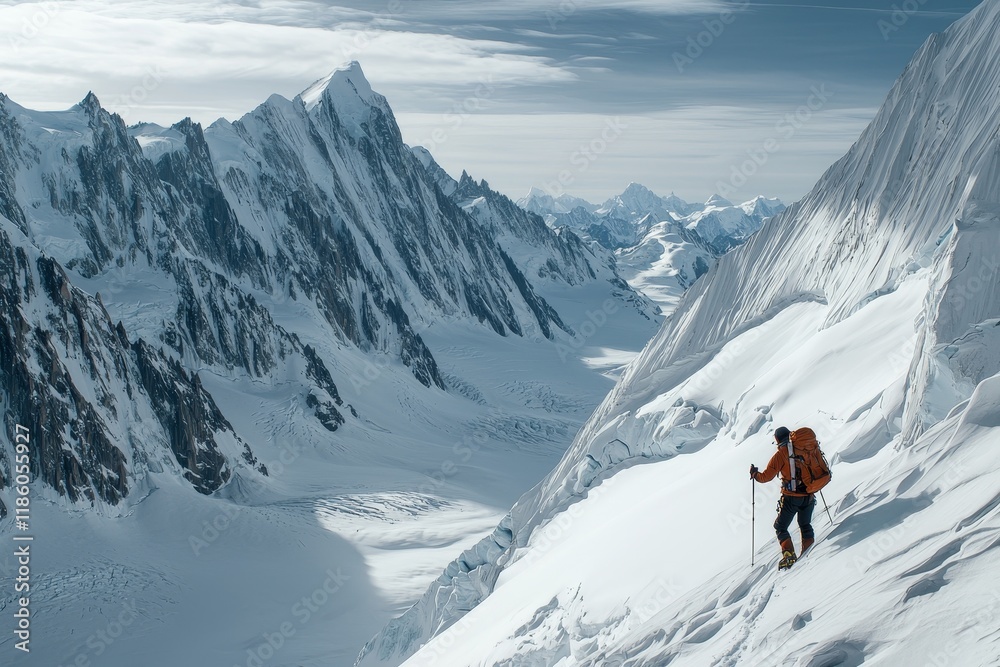 A trekker reaches the top of a rocky outcropping in the Alpine mountains A trekker reaches the top of a rocky outcropping in the Alpine mountains