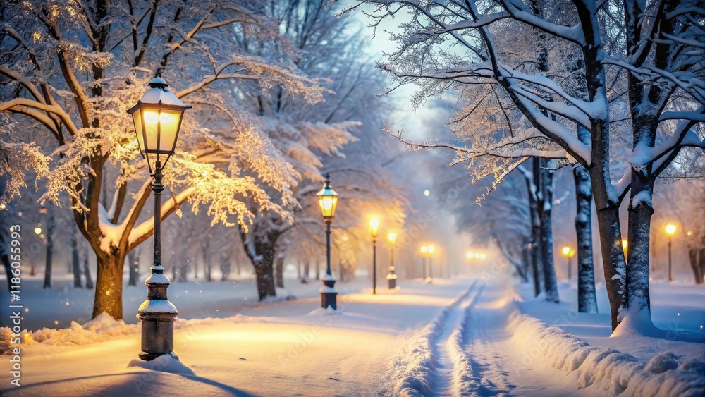 A serene winter landscape with snow-covered trees and a defocused streetlight in the distance, capturing the peaceful atmosphere of the season , wintery scene, frosty A serene winter landscape with snow-covered trees and a defocused streetlight in the distance, capturing the peaceful atmosphere of the season , wintery scene, frosty