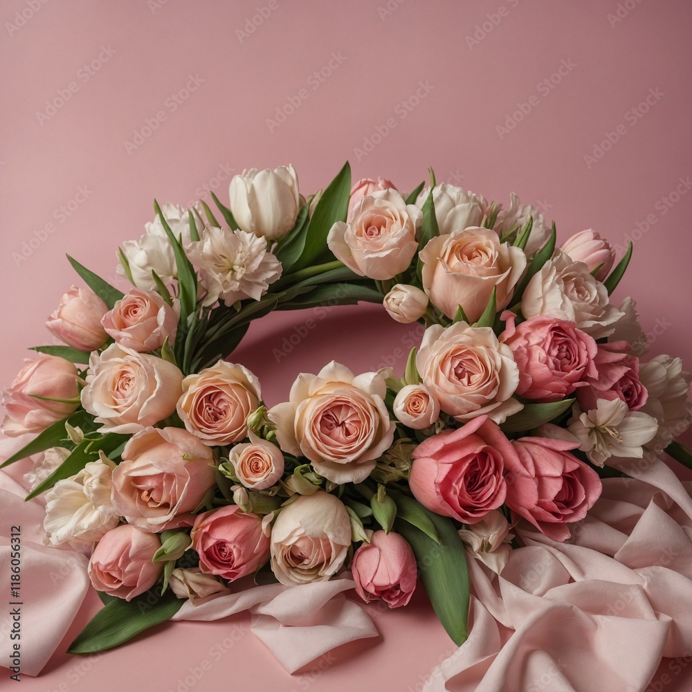 A crown of roses, tulips, and lilies in shades of pink on a soft pink background.
A crown of roses, tulips, and lilies in shades of pink on a soft pink background.