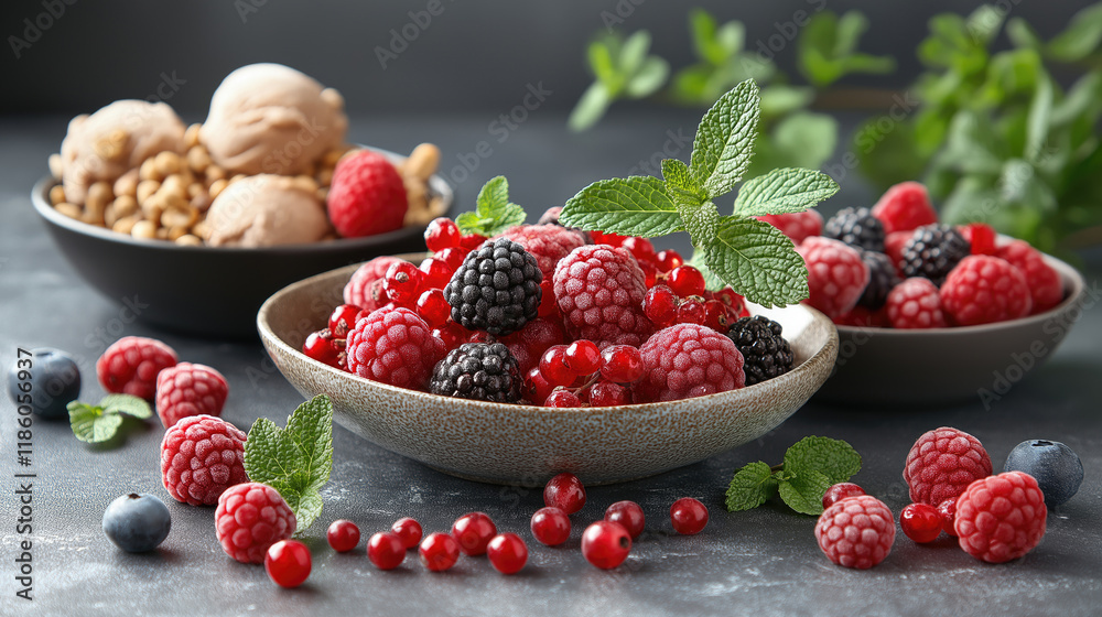 Fresh mixed berries with mint in ceramic bowls on dark surface Fresh mixed berries with mint in ceramic bowls on dark surface