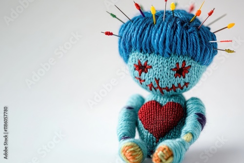 Crafted Voodoo Doll With Blue Yarn Hair and Colorful Pins Against a White Background photo