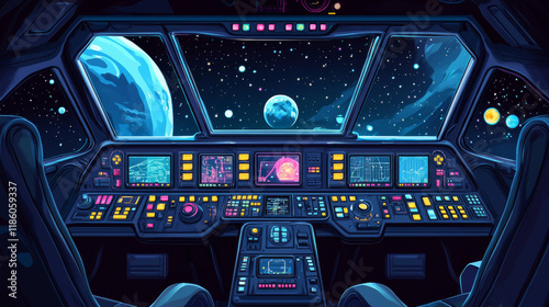 Fototapeta Naklejka Na Ścianę i Meble -  Spaceship cockpit interior. Vector cartoon illustration of space shuttle cabin flight in night sky, pilot seats, computer dashboard with buttons and displays, planet and stars seen through windshield