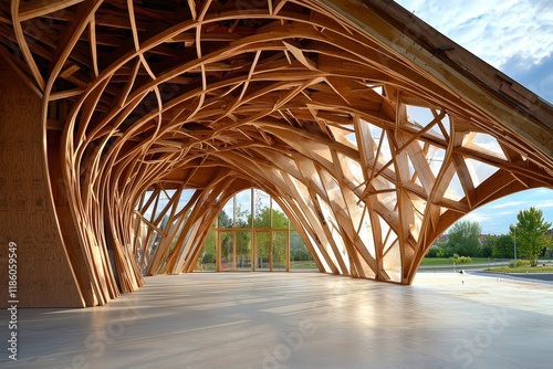 A detailed view of a contemporary structure in glued laminated timber set against a blue sky dotted with clouds