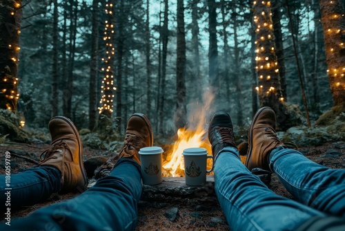 Travelers venturing into the woods, unwinding near the flame-post after an adventurous day