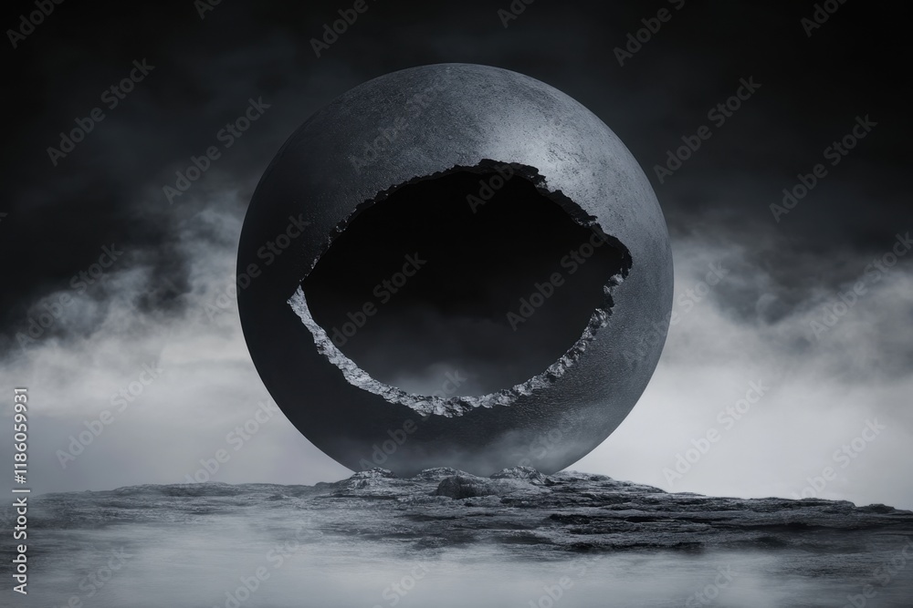 Mysterious cracked black sphere emitting mist on rocky surface