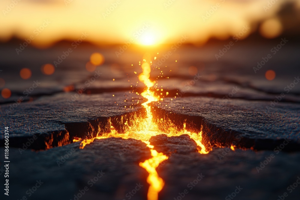 Fiery Cracks on the Ground Erupting with Orange Light at Sunset Fiery Cracks on the Ground Erupting with Orange Light at Sunset