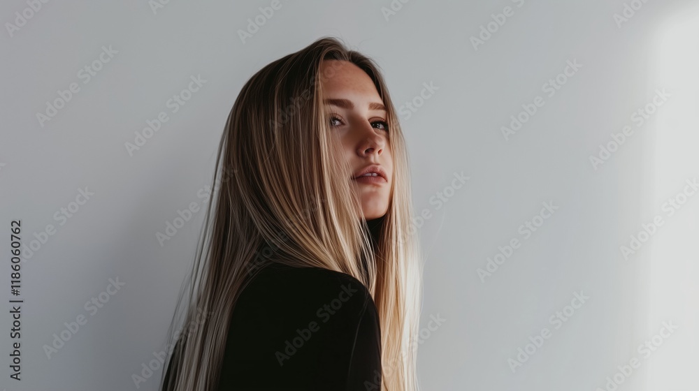 Fototapeta premium A Woman With Long Blonde Hair Standing in Front of a Window - Generative AI